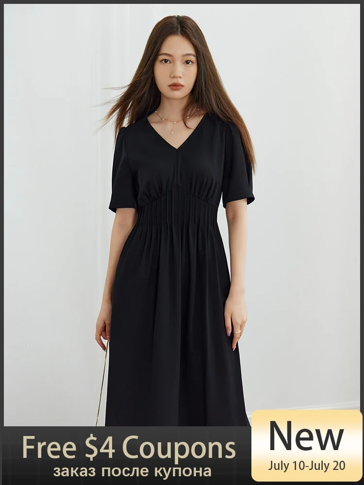 DUSHU Temperament V-Neck Women High Waist X-LINE Dresses 2023 Summer Office Lady Pleated Design Solid Short Sleeve Dress