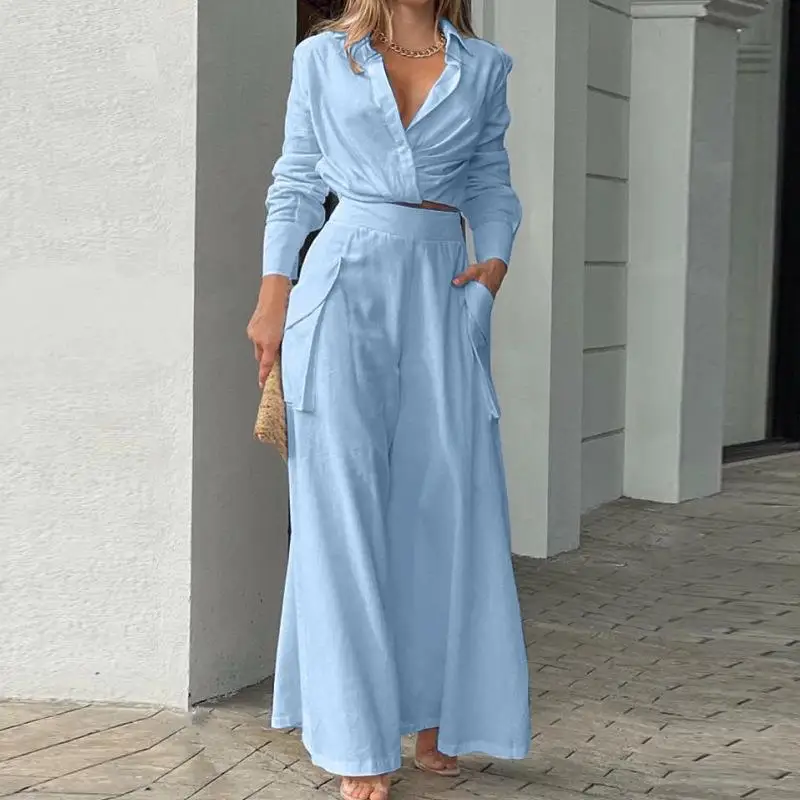 

Two Piece Sets Womens Outifits Long Sleeve Crop Top Shirt Causal Pants Elgant Trousers Wide Leg Pant High Streetwear For Lady