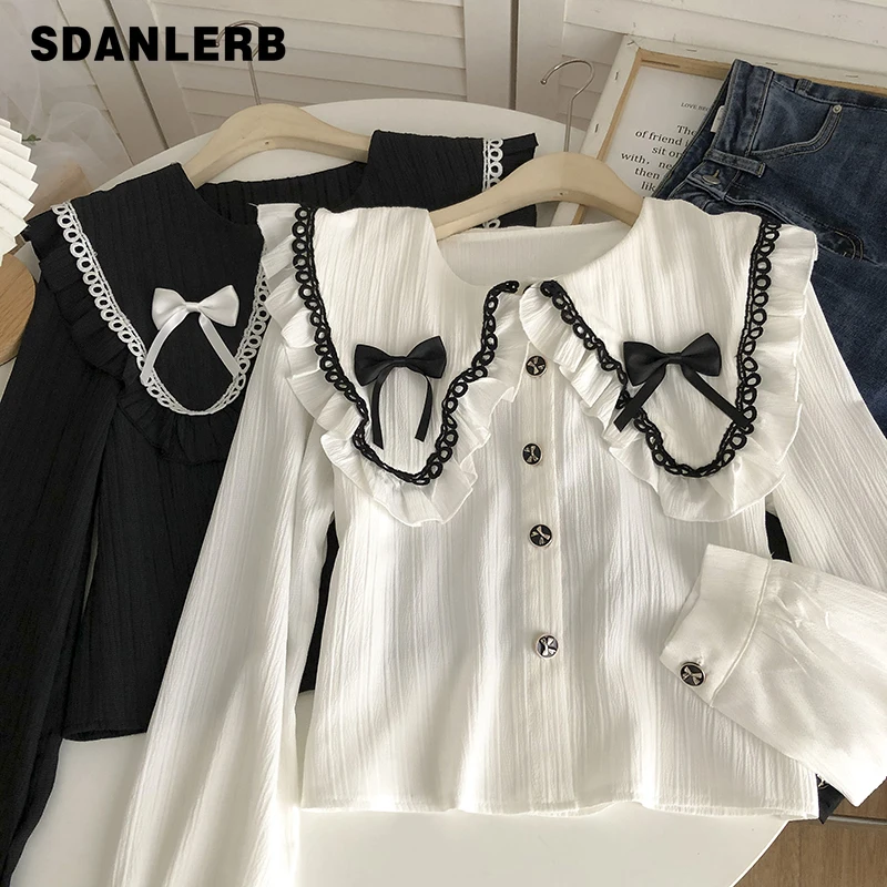 

Color-Blocking Bow Lace-up Lapel Long Sleeve Shirt Women's Spring Clothing Korean Style Sweet All-Matching Loose Ladies Top