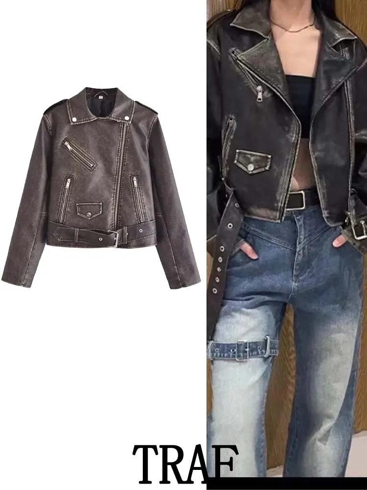 

TRAF 2023 Women Washed Leather Worn Motorcycle Jacket Coats Fashion Long Sleeve Zipper Vintage Spring Autumn Causal Street Tops