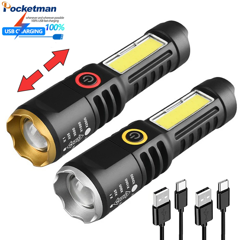 

Powerful LED Flashlight with Side COB Light USB Rechargeable Flashlights Waterproof Torch Floodlight Spotlight