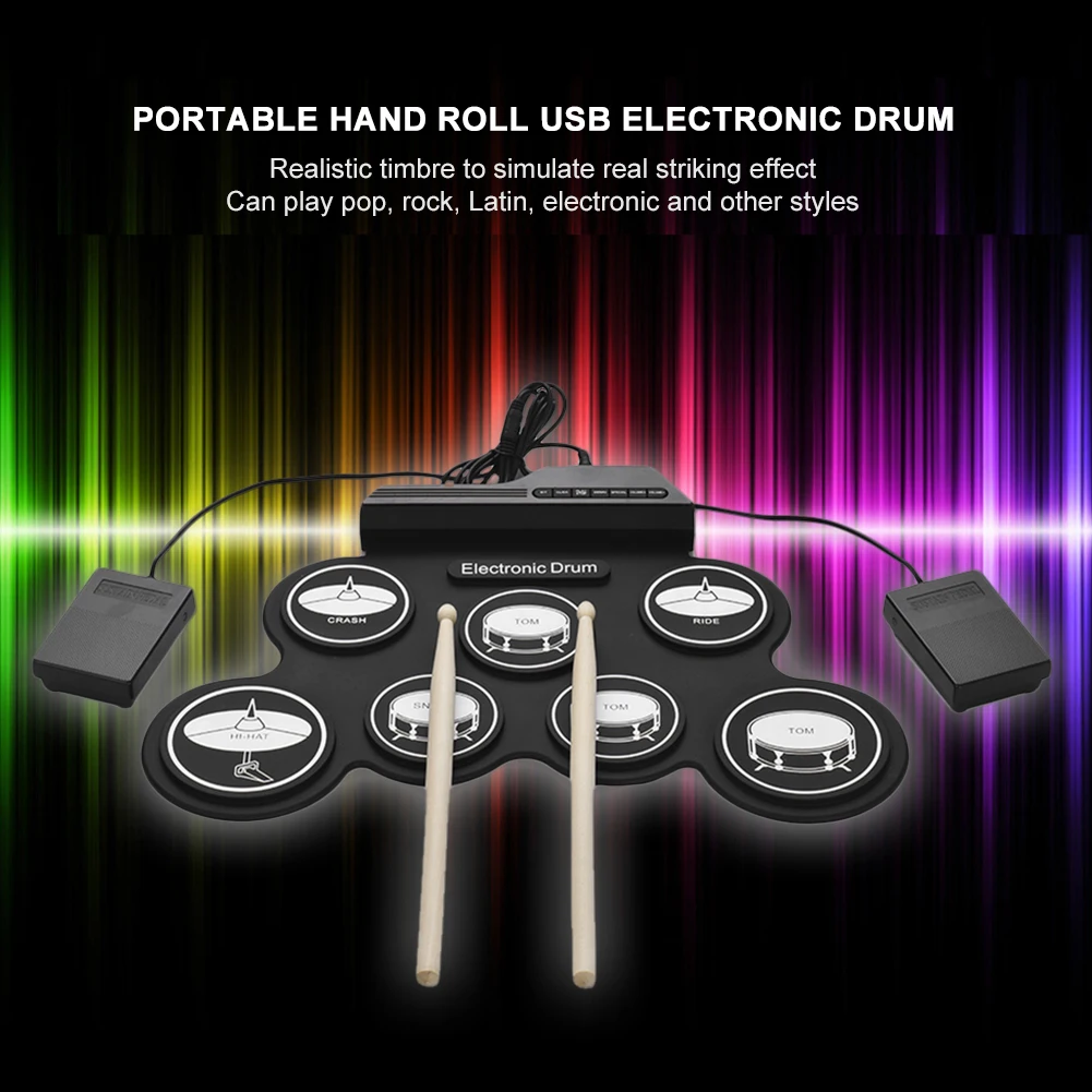 

Digital Electronic Drum USB Foldable Silicon Drums Set Compact Size Digital Drum Kits 7 Pads with Drumsticks Foot Pedals