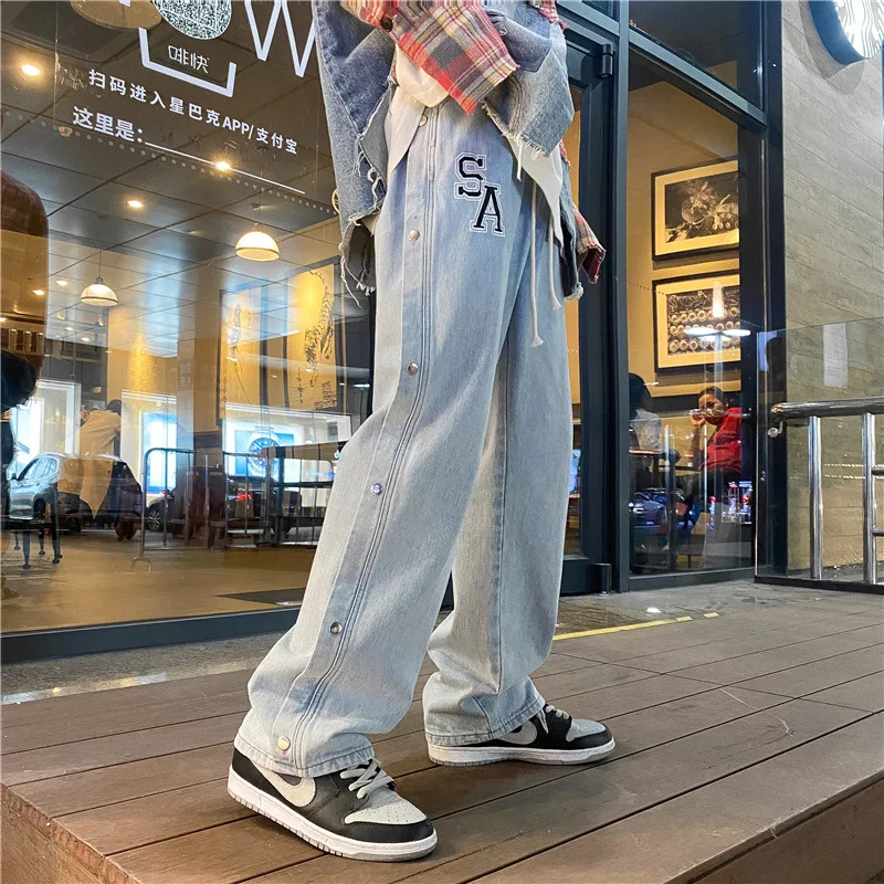 Brand Men's Side Row Solid Color Embroidery Jeans Straight-leg Pants Loose Wide-leg Jeans Trendy Street Men's джинсы для мужчин