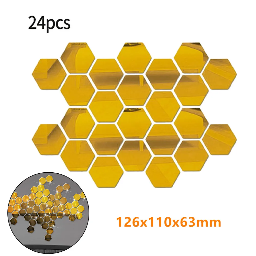 

24Pcs Big Size Geometric Hexagon Mirror Decoration Wall Stickers Acrylic Gold Mosaic Tiles Sticker Bedroom Bathroom Wall Decor
