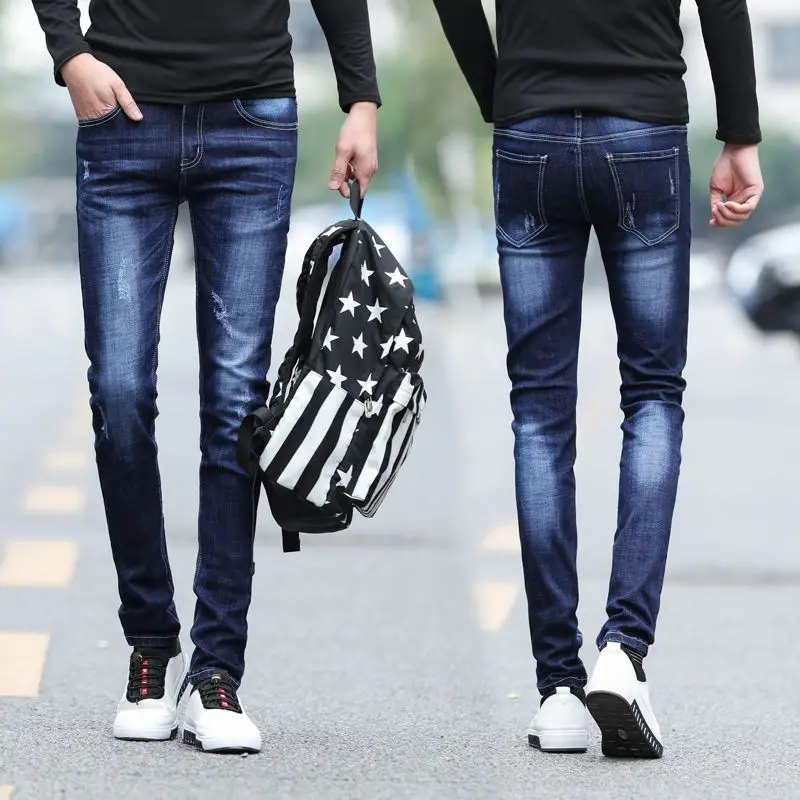 

Корейские хлопковые брюки, мужские джинсы, повседневные ковбойские осенние стильные облегающие брюки скинни для мальчиков, Стрейчевые мод...