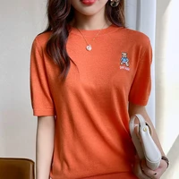 2022 spring summer womens cashmere embroidery bear short sleeve casual thin womens o neck short sleeve cashmere pullover soft