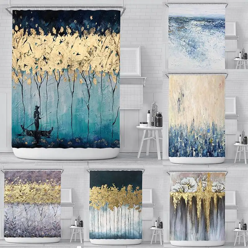 

Gold Leaf Diamond Flower Bathroom Shower Curtain Waterproof Environmentally Friendly Shower Curtain Free Hook