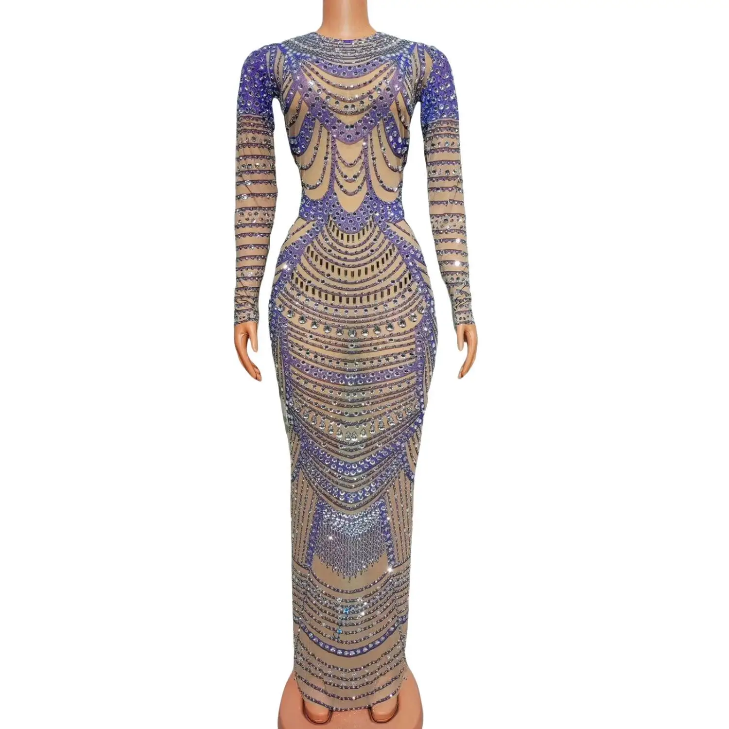 Блестящее женское платье элегантное роскошное из спандекса Сетчатое длинное