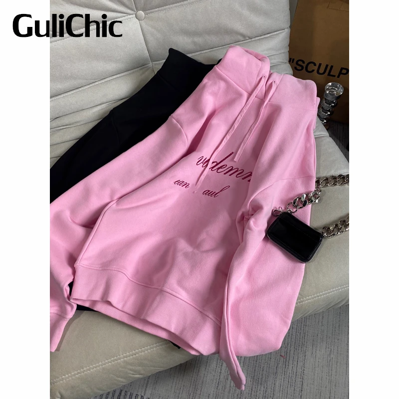 

9.22 GuliChic Women Black / Pink Hooded Drawstring Letter Print Loose Casual Hoodie