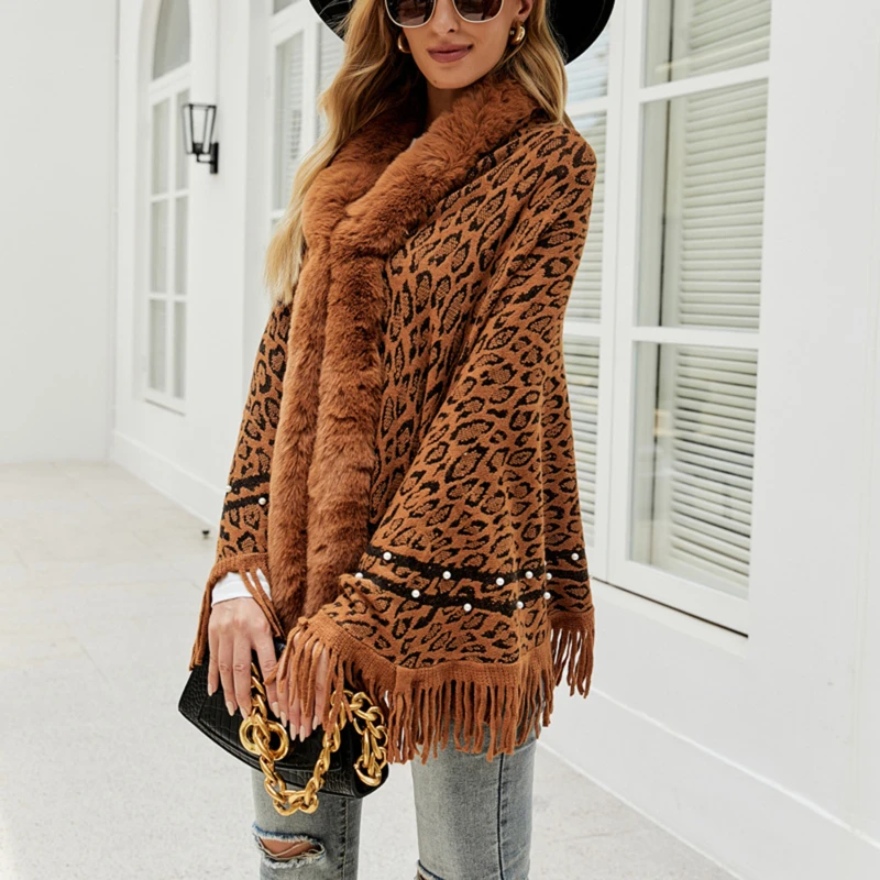 

Women Coats & Jackets For Winter Leopard Color Faux Fur Collar Thick Warm Knitted Capes & Ponchos Autumn Outwear Knitwear New