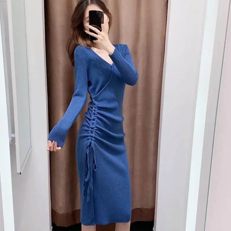 Осенне-зимнее Облегающее вязаное платье свитер с Боковым Разрезом и высокой