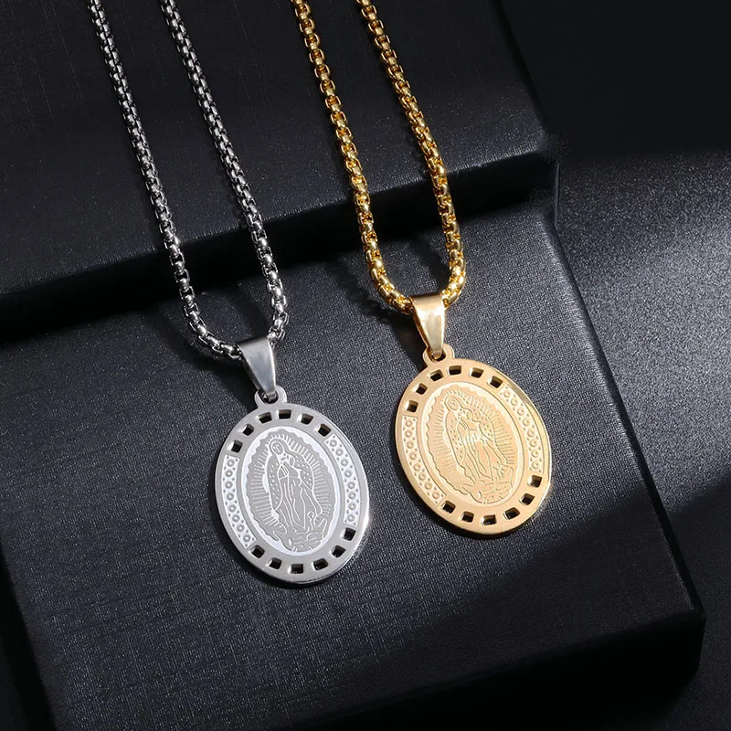 

Classic Vintage Stainless Steel Christian Virgin Mary Oval Pendant Necklace Mens Womens Amulet Catholic Prayer Jewelry Trending