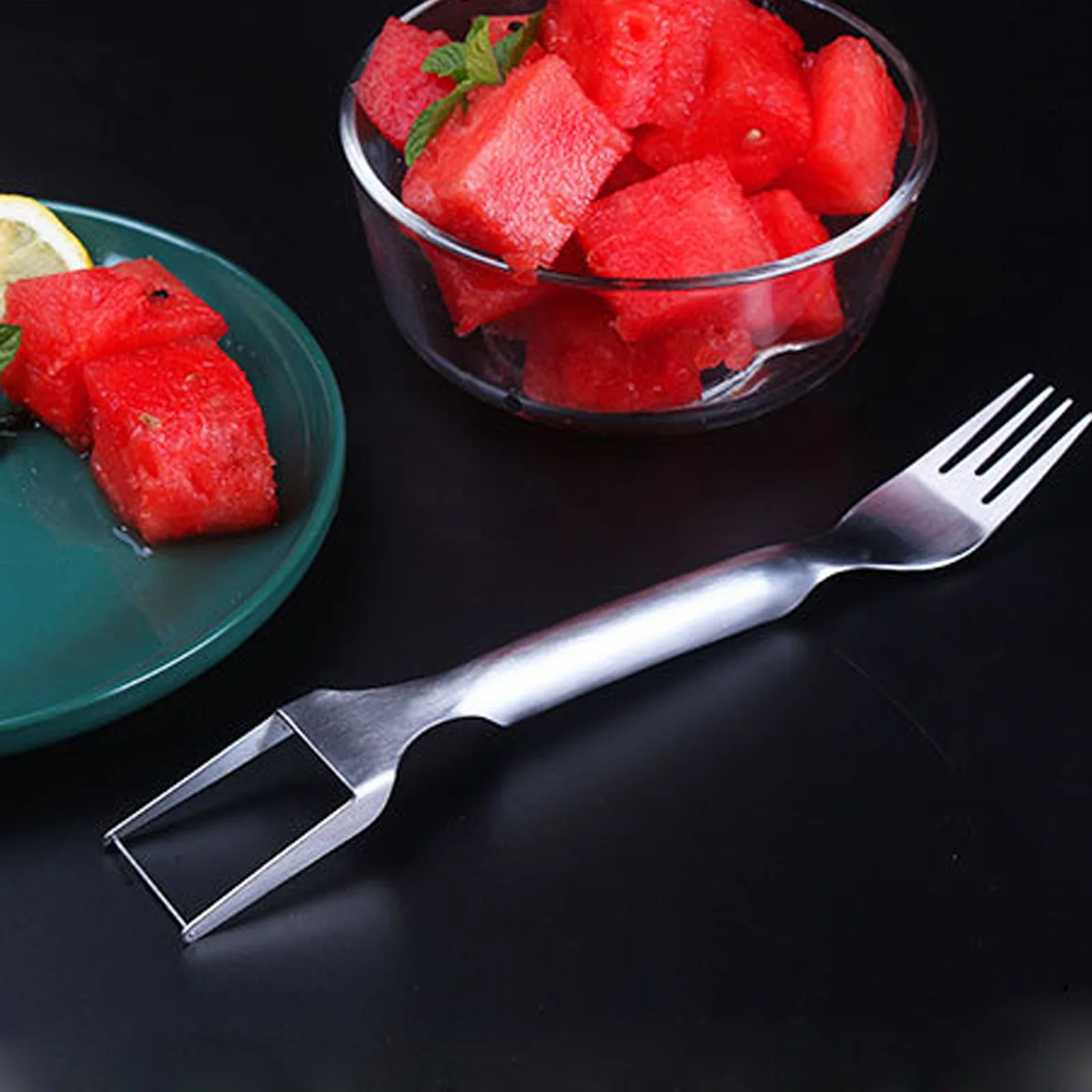 

2 In 1 Watermelon Forks Slicer Multi-purpose Stainless Steel Fruit Cutter Knife Melon Cube Cutting Ruler Tool Kitchen Gadget