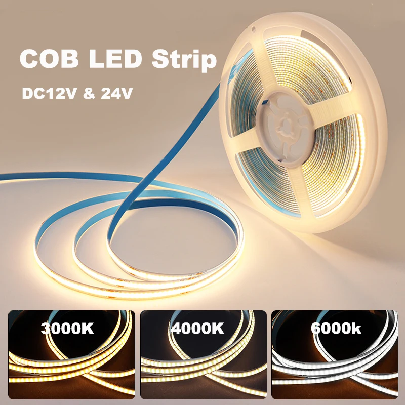 

COB LED Strip Light 300 320LEDs/m 5M 16.4ft High Density Flexible Tape Ribbon 3000-6000K Led Lights DC12V 24V