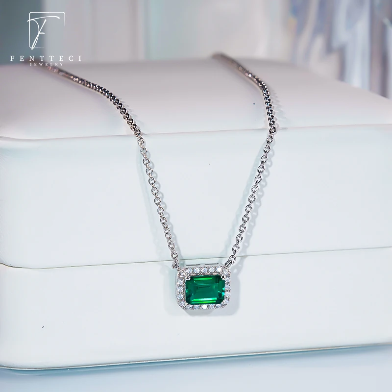 FENTTECI 925 Sterling Silver Vintage Emerald Necklace Female Court Style Clavicle Chain Square Emerald Pendant Fine Jewelry Set