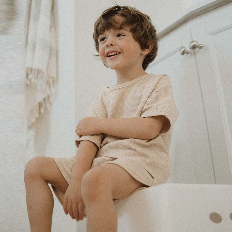 

Boys Girls Genderless Waffled Short Set Children Breathable Summer Clothes