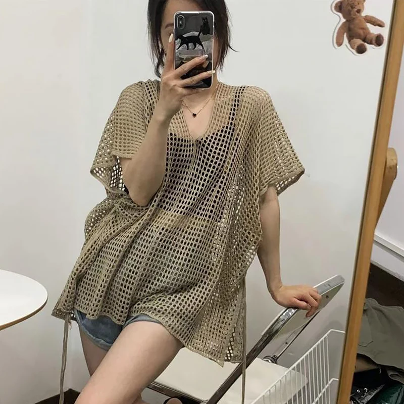Ажурные пуловеры для женщин тонкий летний комбинезон с V-образным вырезом платье