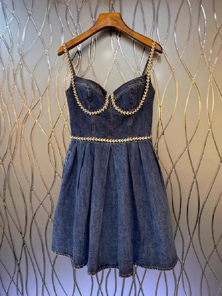 

Женское джинсовое платье без рукавов, синее платье на тонких бретельках, украшенное бусинами, лето 2023