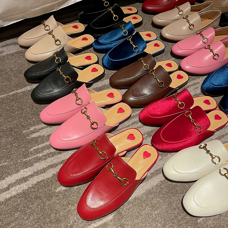 

Plus Size 34-44 New Handmade Genuine Leather Shoes Women Slippers Metal Buckle Outside Flat Slippers Slip On Women's Mules