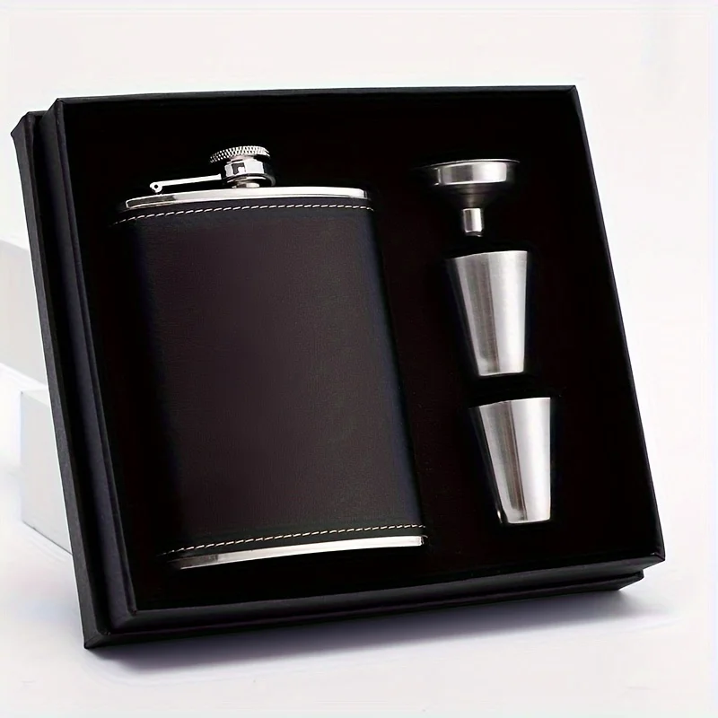 

/ 1set, Black Flask Set, 2 Wine Cups, Stainless Steel Soft Touch Leather Wrapped Flask Gift Set, Leak-proof Whiskey And Rum And