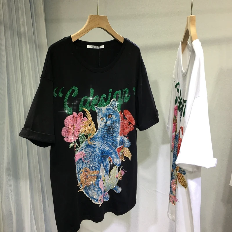 

Luxury Water Drill Female Tshirts 2023 New Summer Cute Cat Loose Short Sleeve T-shirt O-neck All-match Streetwear Cotton Tos