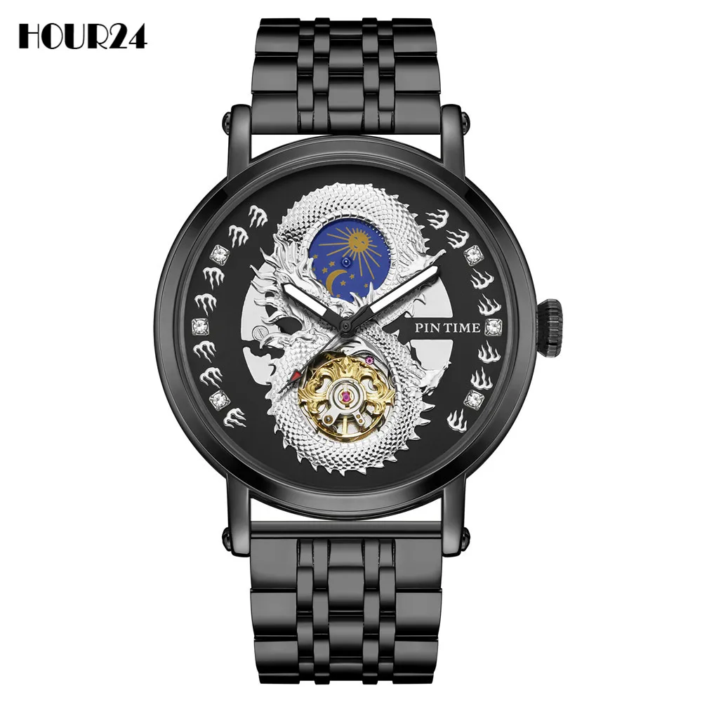

Fashion New Hollow Mens Automatic Mechanical Wrist Watch For Men Luxury Top Brand Dragon Steel Leather Business Man Watches Gift