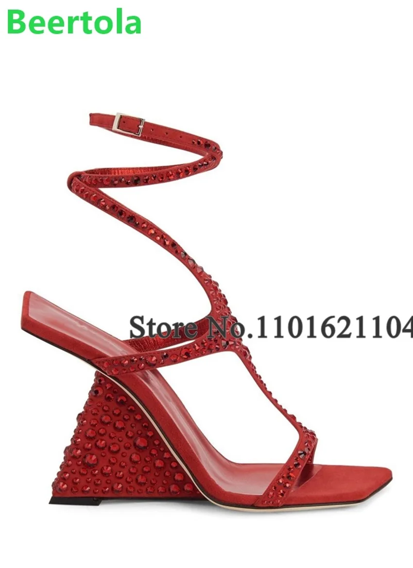 

Strange Heel Square Toe Crystal Luxury Design Sandals For Female Women Slingback Fashion Shallow Solid Runway Summer Party Shoes