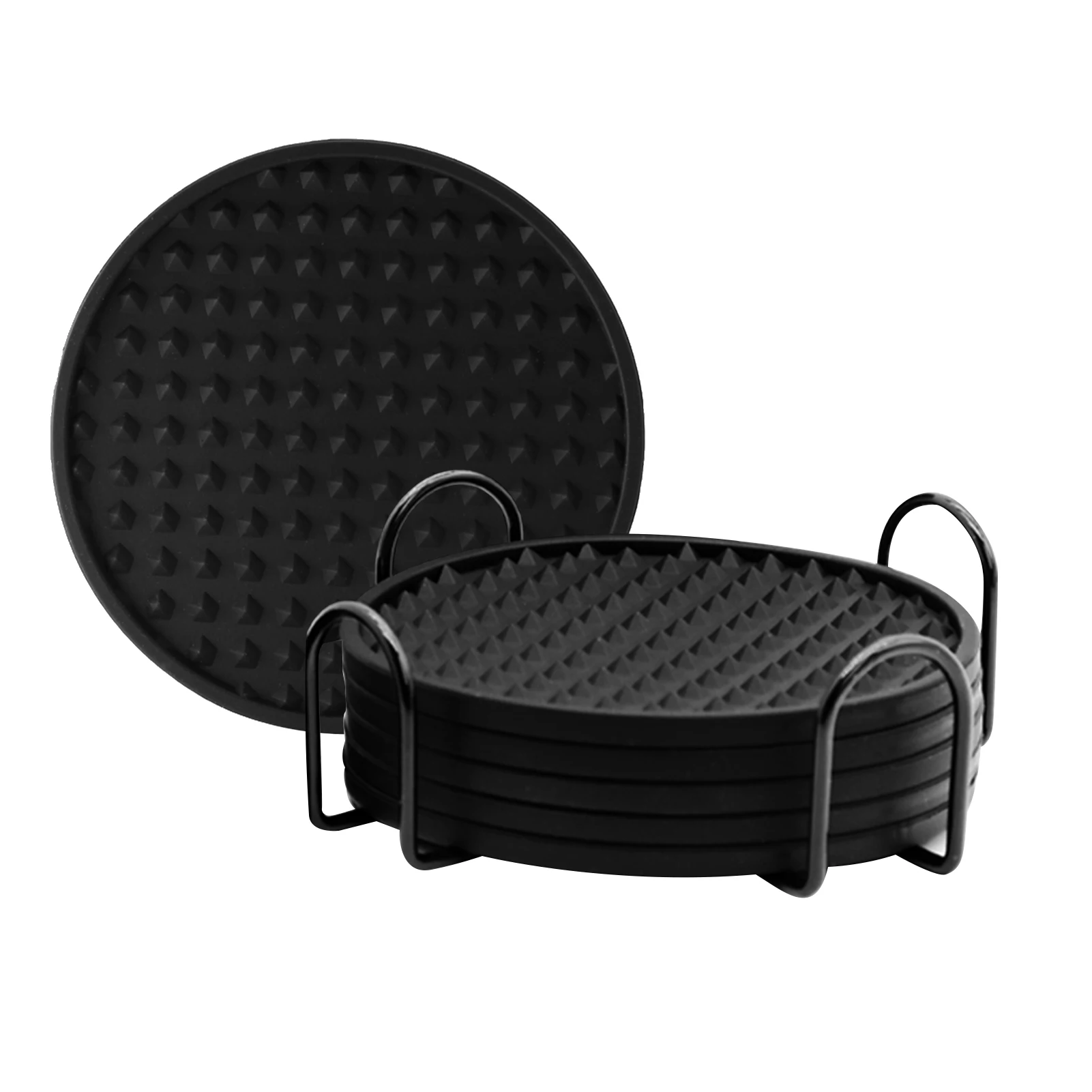 

6pcs Bar With Storage Rack Glass Heat Resistant Drain Durable Mug Round Drink Coaster Easy Clean Soft Silicone Table Protection
