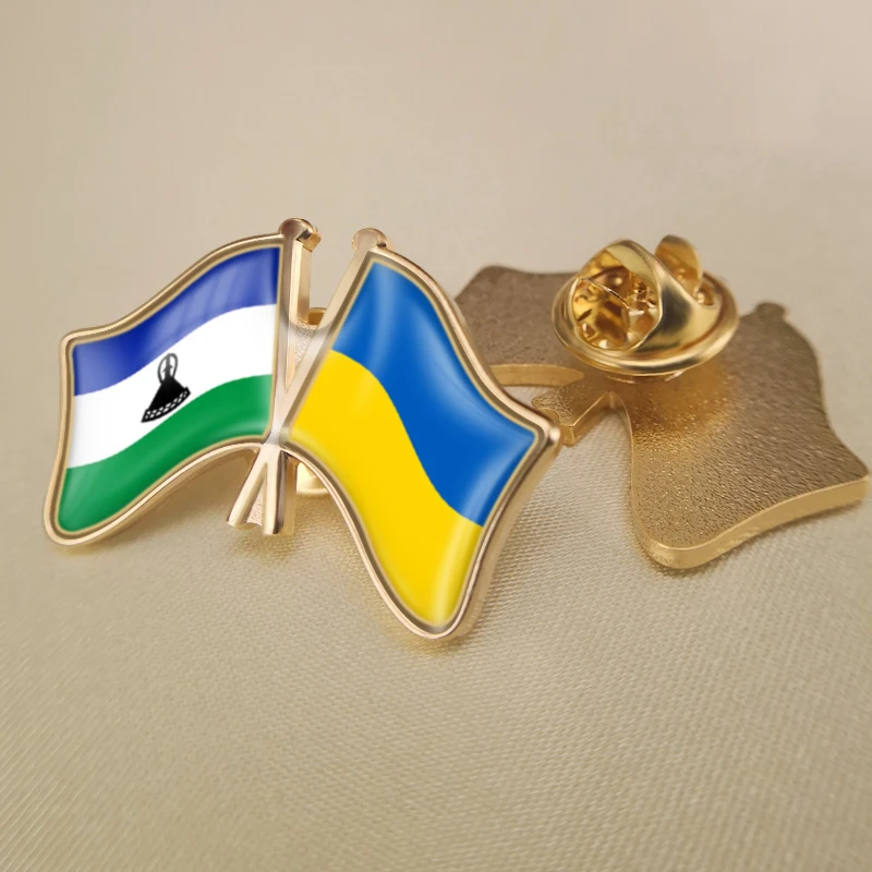 

Lesotho and Ukraine Crossed Double Friendship Flags Lapel Pins Brooch Badges