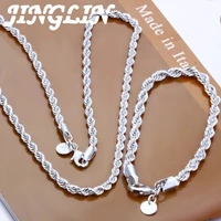 jinglin high quality 925 sterling silver 4mm women men chain male twisted rope necklace bracelets fashion silver jewelry set