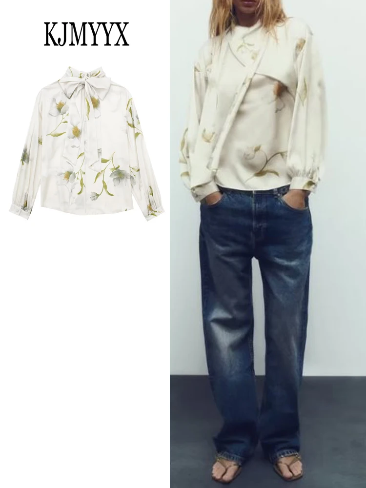 

KJMYYX 2023 New Summer Women Fashion Blouse Woman Casual Long Sleeve Bow Short Shirts Female Chic Print Tops