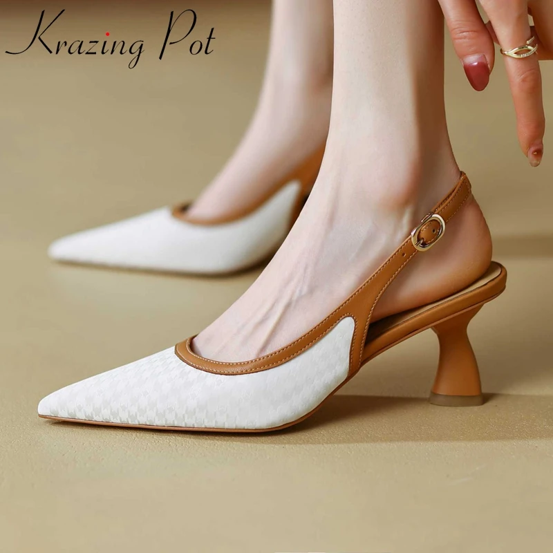 

Krazing Pot genuine leather pointed toe strange high heels mixed colors slingback buckle strap young lady dress women pumps L1f3