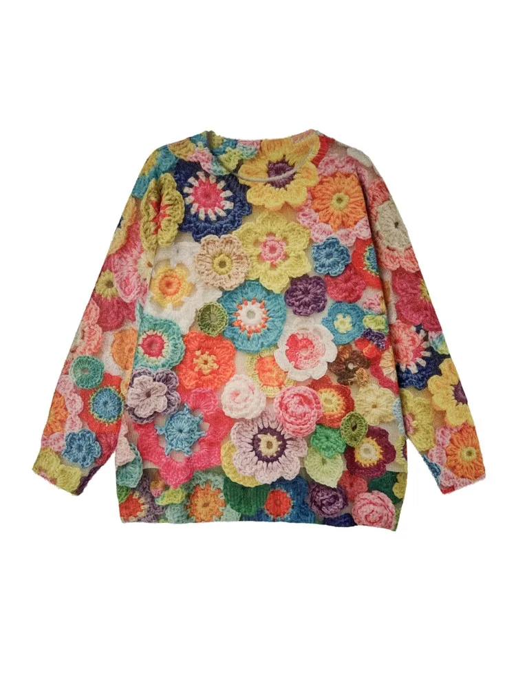 Осенний пуловер большого размера с цветочным принтом женский свитер длинным