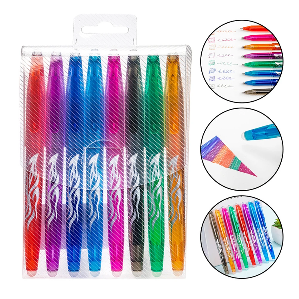 

8pcs Adults Kids 8 Colors Gel Pen Rub Out Drawing Erasable Refill Stationary Gift School Writing Tool With Eraser 0.5mm Tip