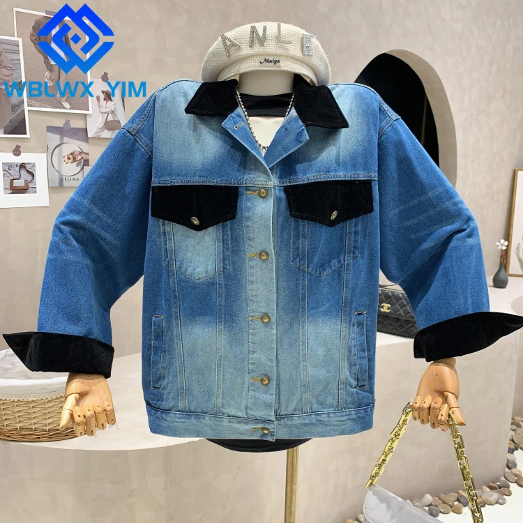 

Женская джинсовая куртка на пуговицах, свободная джинсовая куртка составного кроя с лацканами и карманами, уличная одежда, 2022