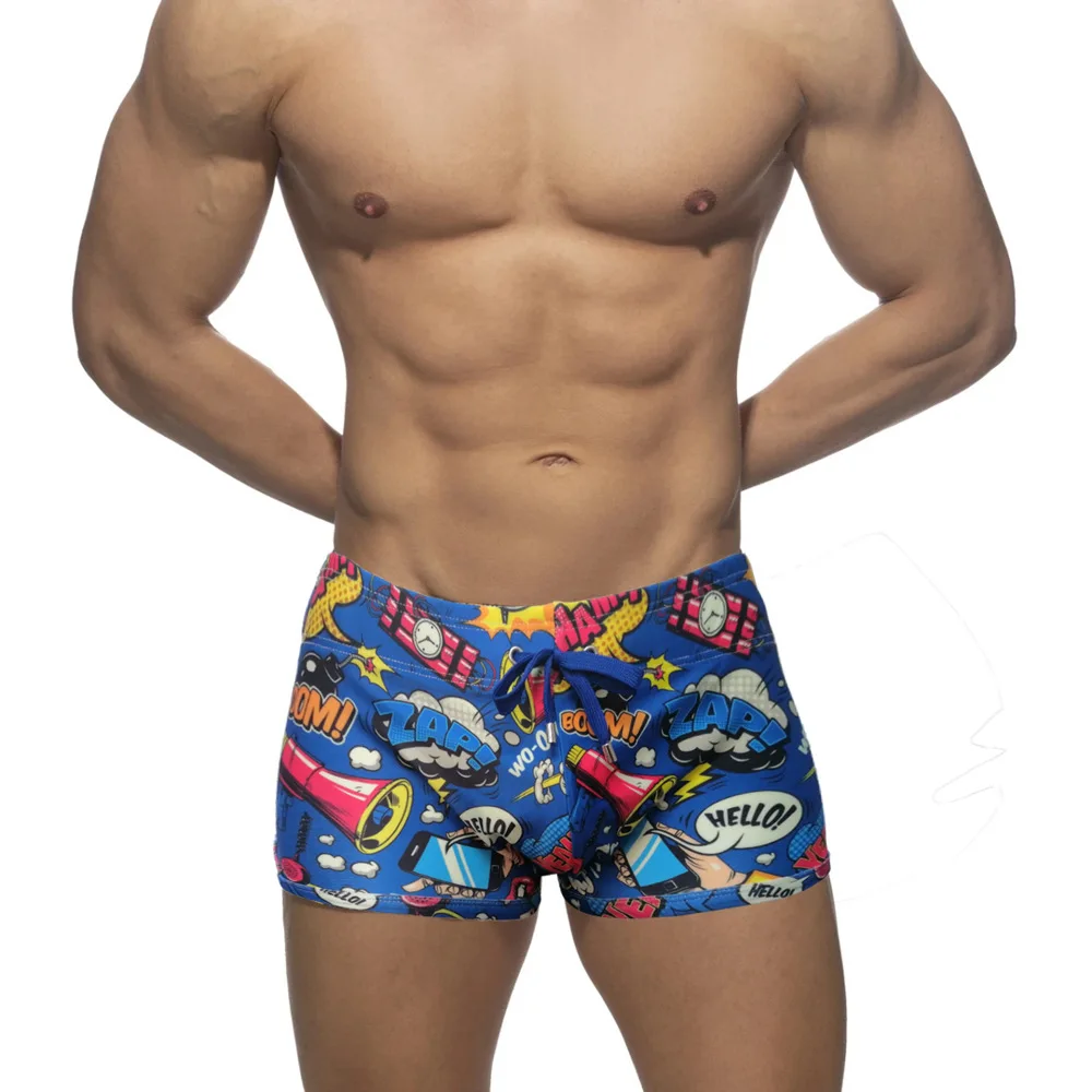 

New Men's Printed Boxer Swim Shorts European American Fashion Sexy Low Waist Tether Shorts Summer Beach Surf Wading Quick Dry