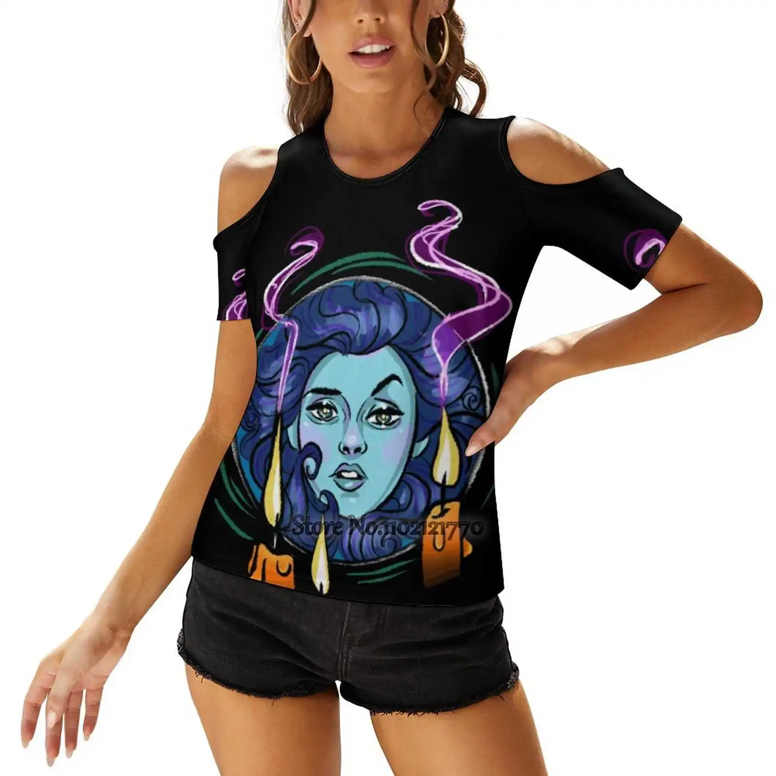 

Madame Leota Woman Tshirts Printed Tops O-Neck Back Lacing Top Fashion Graphic T Shirt Madame Leota Haunted Mansion World Grimm