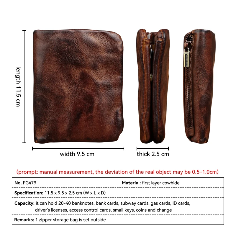 Vintage Men's Card Wallet Handmade Genuine Leather Card Slot With Zipper Coin Purse Short Wallet For Male Women's Money Bag
