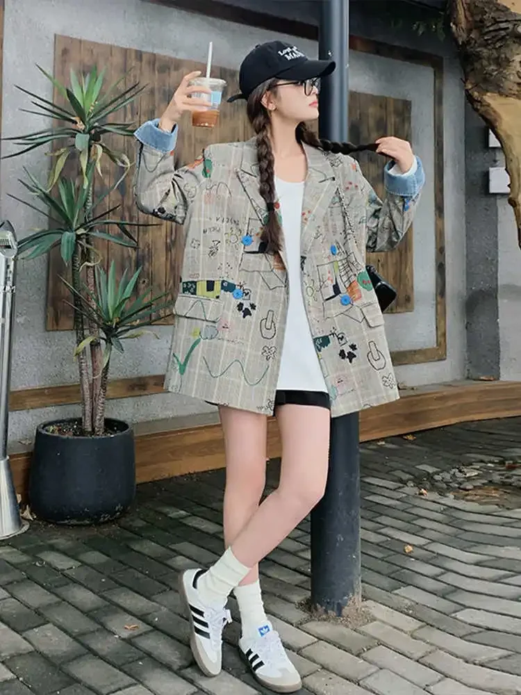 High Street Y2K дизайн граффити клетчатый пиджак куртка свободное пальто на заказ