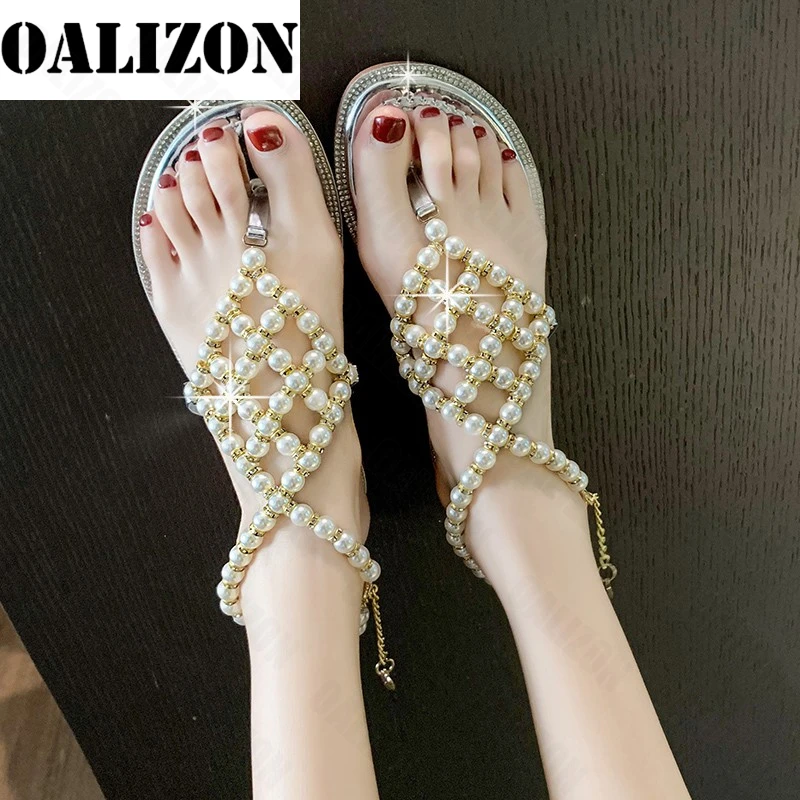 

Women Flats Crystal String Bead Sandals 2022 Summer New Luxury Sexy Woman Shoes Brand Dress Slippers Party Mujer Zapatos Slides