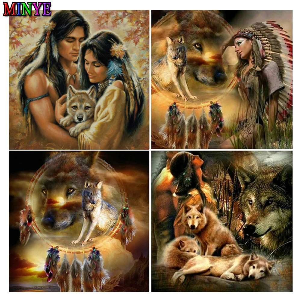 

Алмазная 5D картина "сделай сам", Индийская пара и волк, полностью квадратная Алмазная вышивка, животное, искусственная мозаика, домашний декор, Новинка