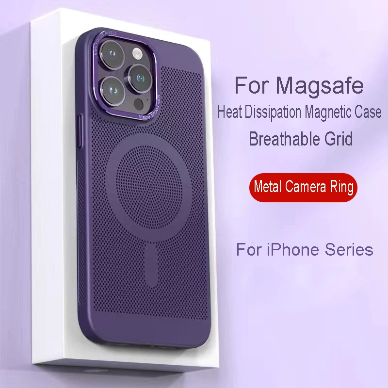 

Heat Dissipation For Magsafe Magnetic Case For iPhone 14 Plus 13 12 11 Pro Max Metal Lens Frame Matte Breathable Grid Hard Cover