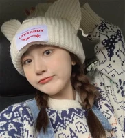 ins super hot cute korean cat ear patch knitted hat couple knitted piglet wool hat cold hat fashion