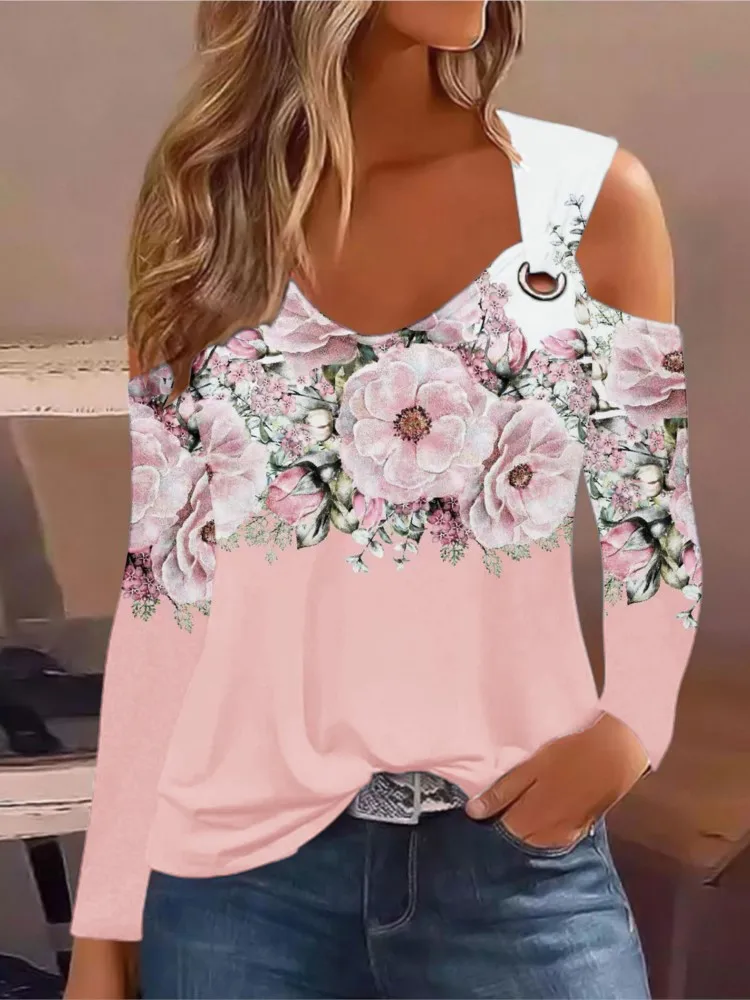 

Spring Autumn Fashion Women's Print Top T Shirt Casual Elegant V-neck Long Sleeve T Shirts Tops Sexy Off Shoulder Tshirts Female
