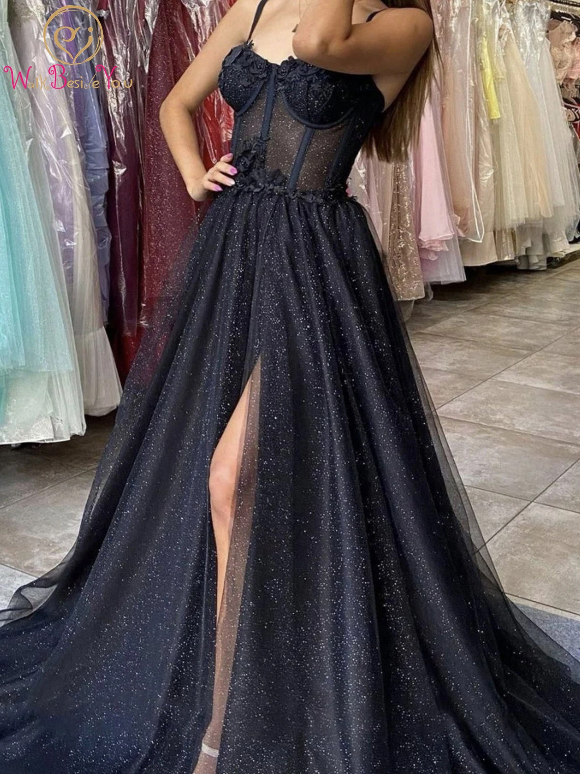 

Длинное вечернее платье, ТРАПЕЦИЕВИДНОЕ Тюлевое кружевное платье с аппликацией, бисером, блестками, Тюлевое платье на бретелях-спагетти с разрезом, для выпускного вечера, торжественной вечеринки, 2022