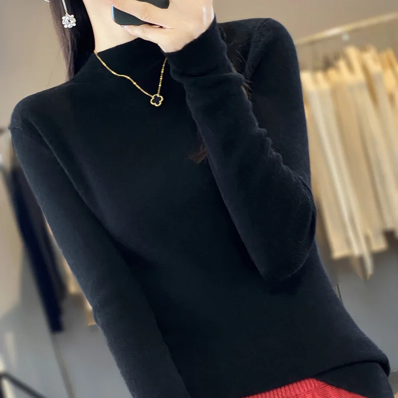 Женский вязаный свитер с высоким воротом тонкий облегающий низ длинным рукавом