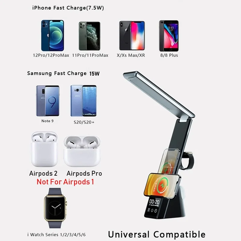 5in1 alarm clock wireless charger stand for iphone 13 12 11 pro max table lamp 15w fast charging station for apple watch airpods free global shipping