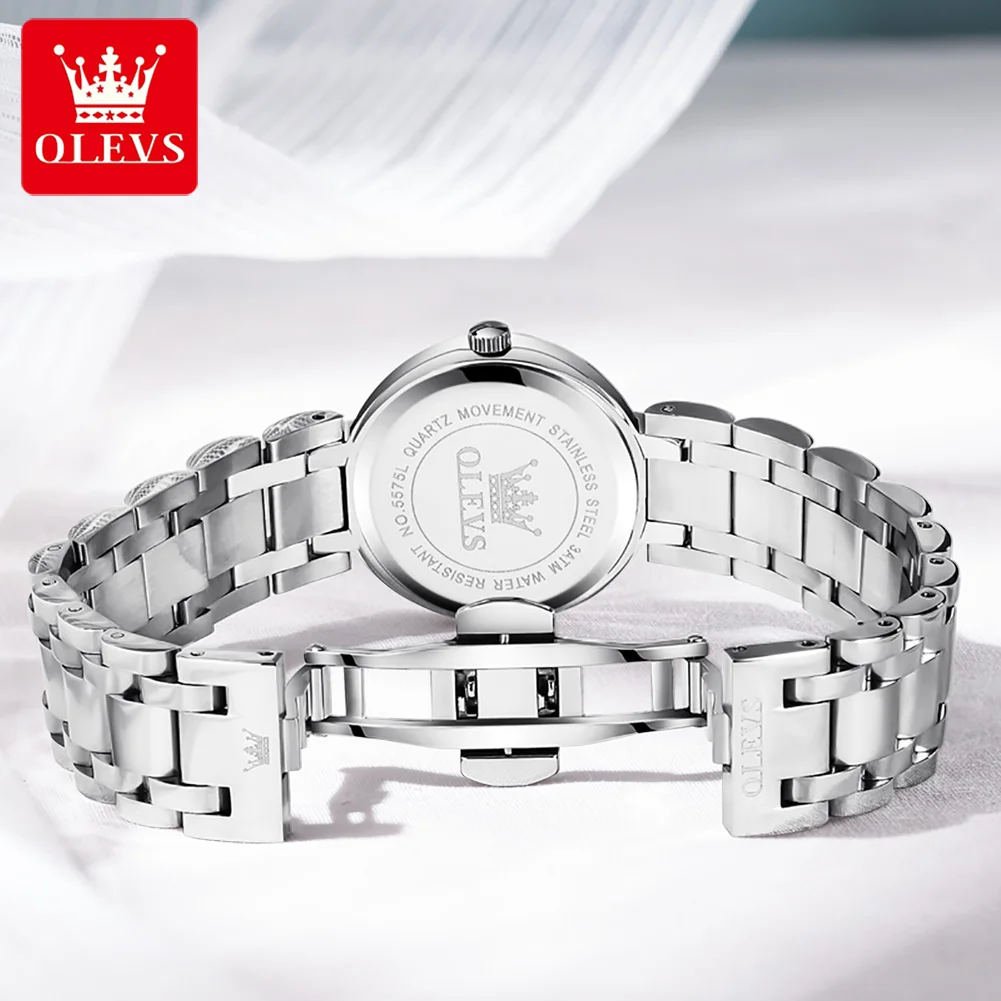 OLEVS Quartz Watch for Women Solid Stainless Steel Strap Design Diamond Elegant Ladies Wristwatch Bracelet Necklace Gift Box Set
