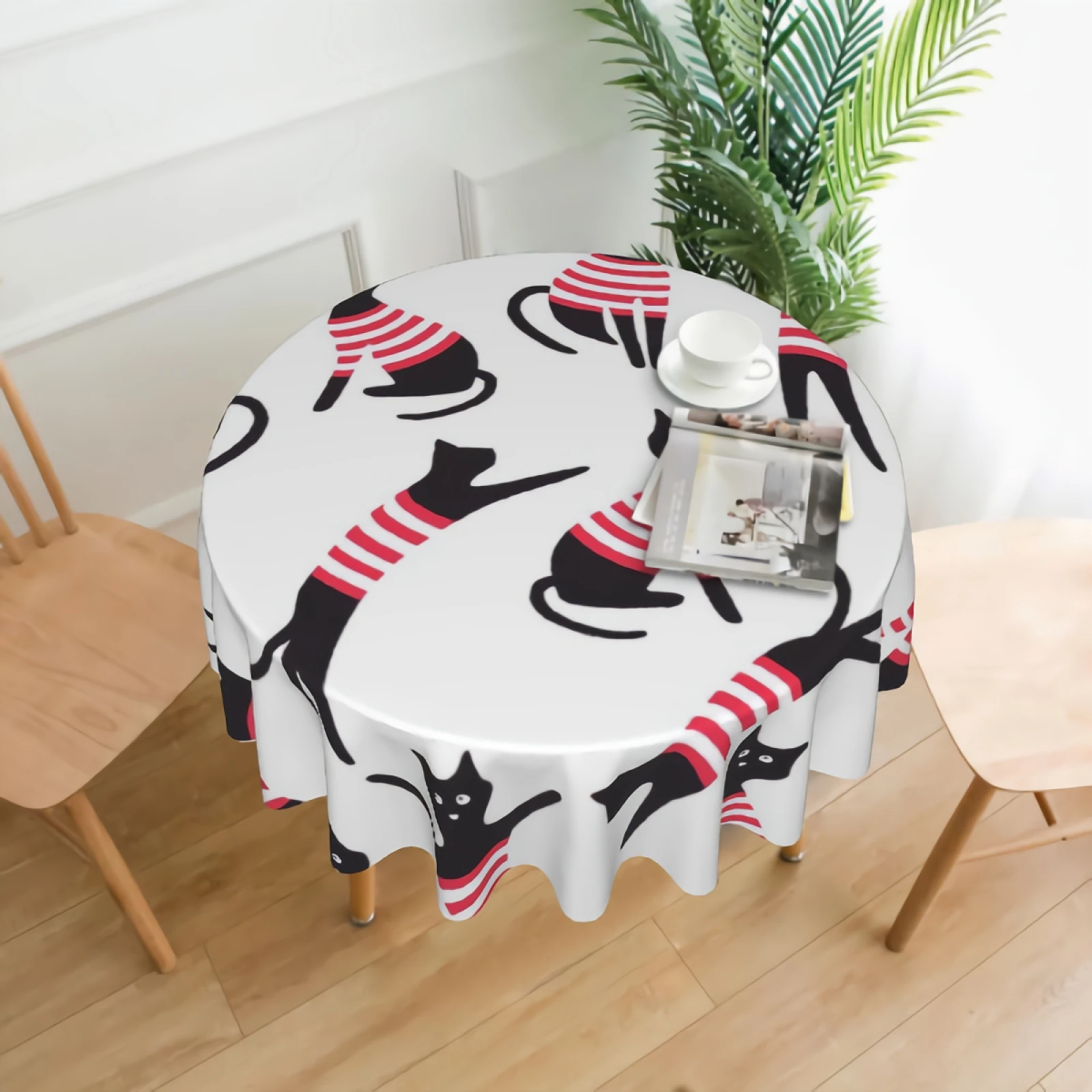 

Black Cat With Red Stripe Costume Tablecloth Washable Cute Cartoon Black Cats Round Tablecloths Circular Table Cover Cloths