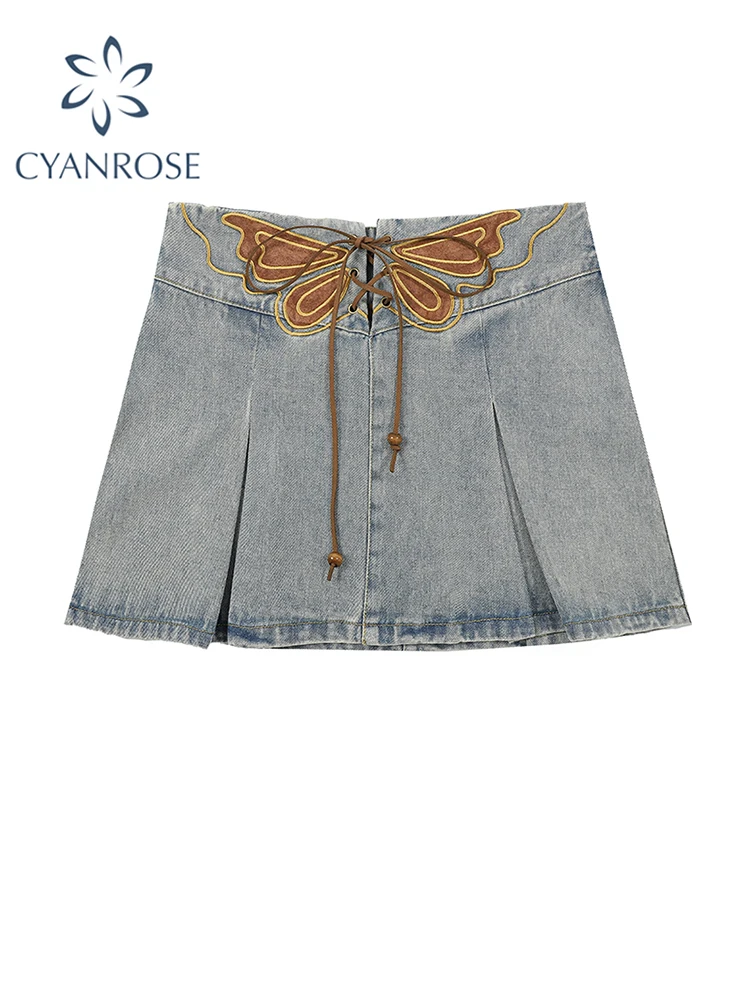 

Women's Jean Pleated Skirt 2023 Summer Casual Vintage Korean Lace Up Denim A-Line Mini Skirt Harajuku Y2k Hight Waisted Skirt